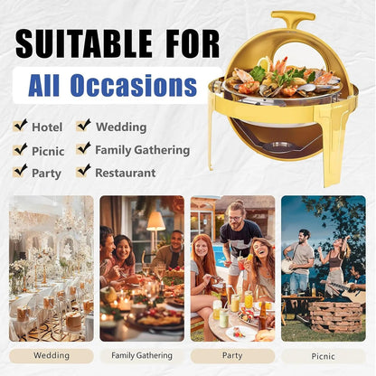 Chafing Dish - Warmhoudplaat - Buffetwarmer Set - Rechaud - Ronde RVS Warmer - 1 Stuks - 6QT - met Stevig Frame voor Feest en Bruiloft - Goud - QUORE