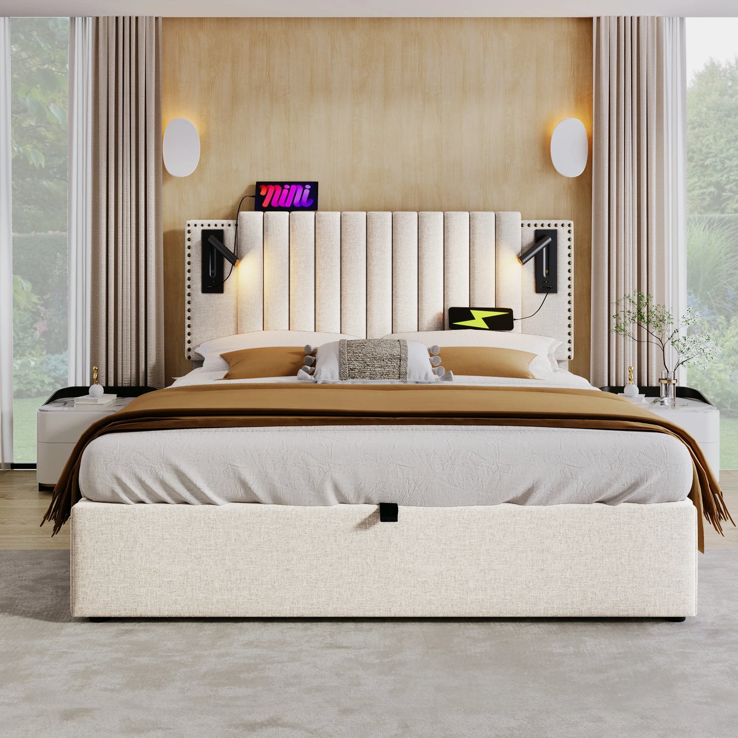 Tweepersoonsbed – Bedframe – Slaapbank – Boxspring – Opbergbed – Beige 160x200 cm – Verstelbare Rugleuning – Ingebouwde USB-C Oplaadpoorten