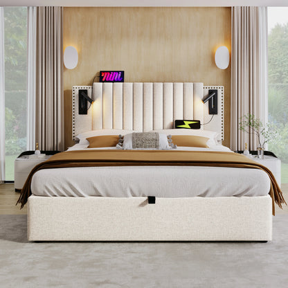 Tweepersoonsbed – Bedframe – Opbergbed – Boxspringbed – Slaapbank – Grijs Katoenen Stof – Verstelbaar Hoofdeinde & USB-oplaadfunctie – 180x200 cm