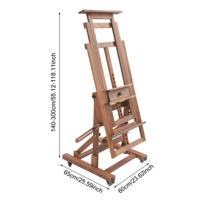 Professionele Schilders Ezels – Schildersezel – Kunstenaars Ezels – Teken ezel – Atelier ezel – Retro Kleur – Verstelbare Hoogte 140-300 cm – Massief Hout Met Wieltjes