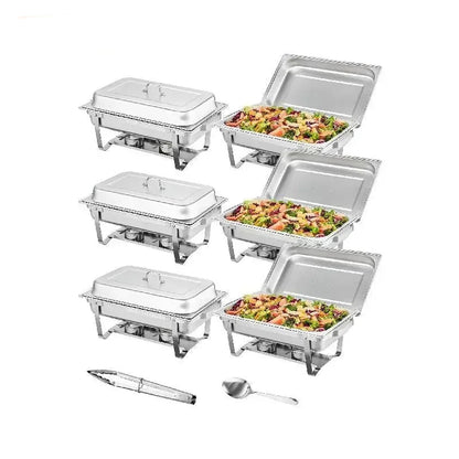 Chafing Dish - Warmhoudplaat - Buffetwarmer Set - Rechaud -  Rechthoekige RVS Warmhoudschalen - 6 Stuks - 8QT - met Opvouwbaar Onderstel en Brandstofhouders - Zilver