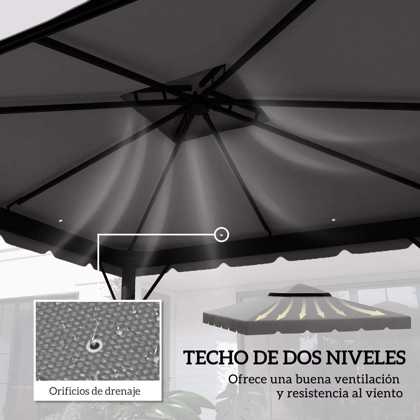 Gazebo - Tuin Dak - Reservedak - 2 Niveaus - Pergola Awning - met 170 g/m² Ademend Anti-UV Polyesterweefsel - PA-Coating - Stevig - Durzaam - voor Tuin - Buiten - 3 x 3 m - Lichtgrijs - QUORE