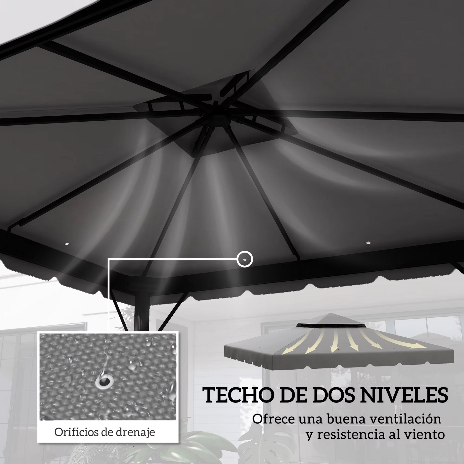Gazebo - Tuin Dak - Reservedak - 2 Niveaus - Pergola Awning - met 170 g/m² Ademend Anti-UV Polyesterweefsel - PA-Coating - Stevig - Durzaam - voor Tuin - Buiten - 3 x 3 m - Lichtgrijs - QUORE