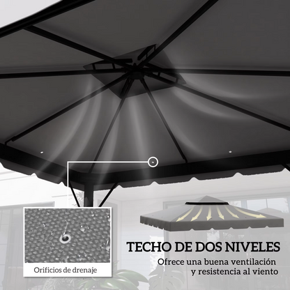 Gazebo - Tuin Dak - Reservedak - 2 Niveaus - Pergola Awning - met 170 g/m² Ademend Anti-UV Polyesterweefsel - PA-Coating - Stevig - Durzaam - voor Tuin - Buiten - 3 x 3 m - Lichtgrijs - QUORE