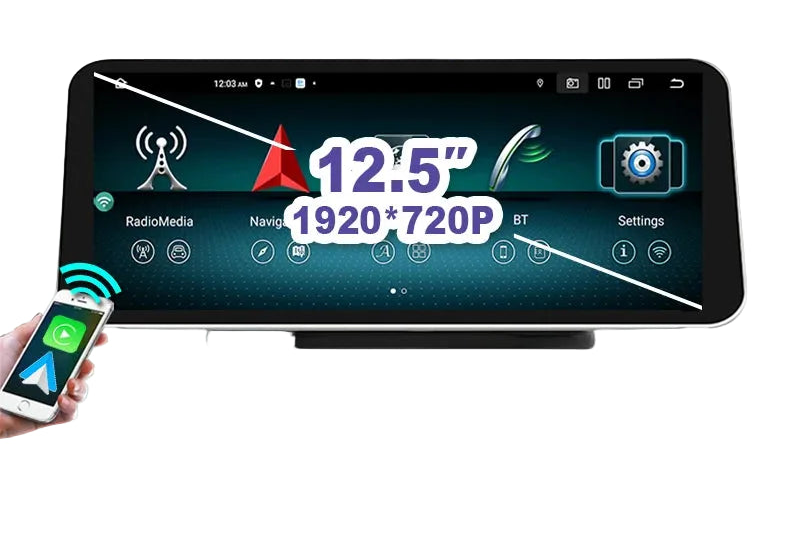 12,5'' Carplay Auto Radio – Multimedia Systeem – Touchscreen Navigatie – Android 14 – Draadloos CarPlay – 8GB RAM – 4G LTE Connectivity - QUORE