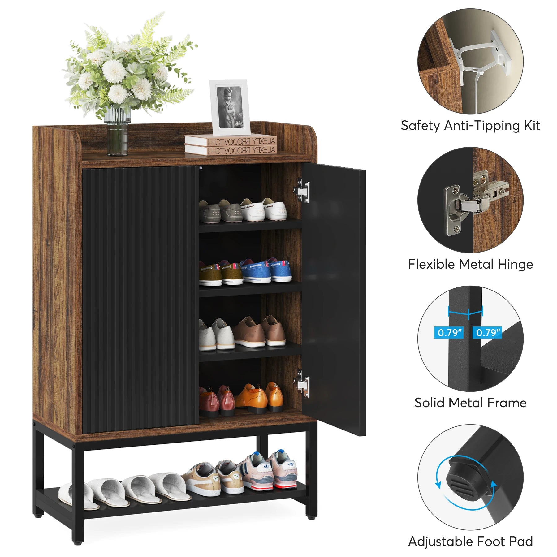 Schoenenkast – Schoenenrek – Schoenenopberger – Schoenenbank – Opbergkast – Hout – 5 Niveaus – Druk-open Deuren – Compact 73x35x105 cm - QUORE