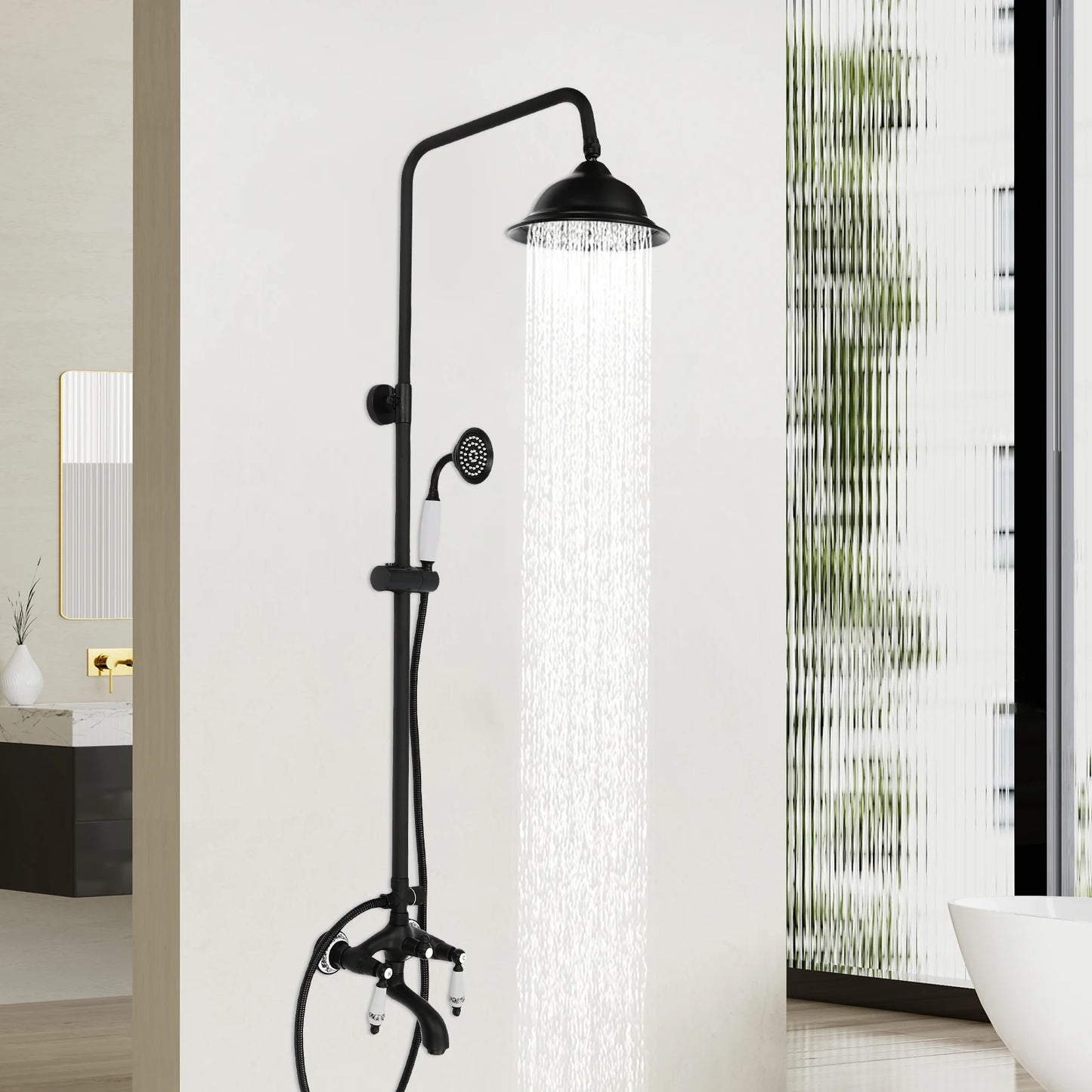 Douche - Regendouche - Douchewand - Douchekolom - Douchepanelen - Retro Douchekraan Set - Wandgemonteerde Regendouche met Verstelbare Douchestang & 3 Waterstanden - Zwart