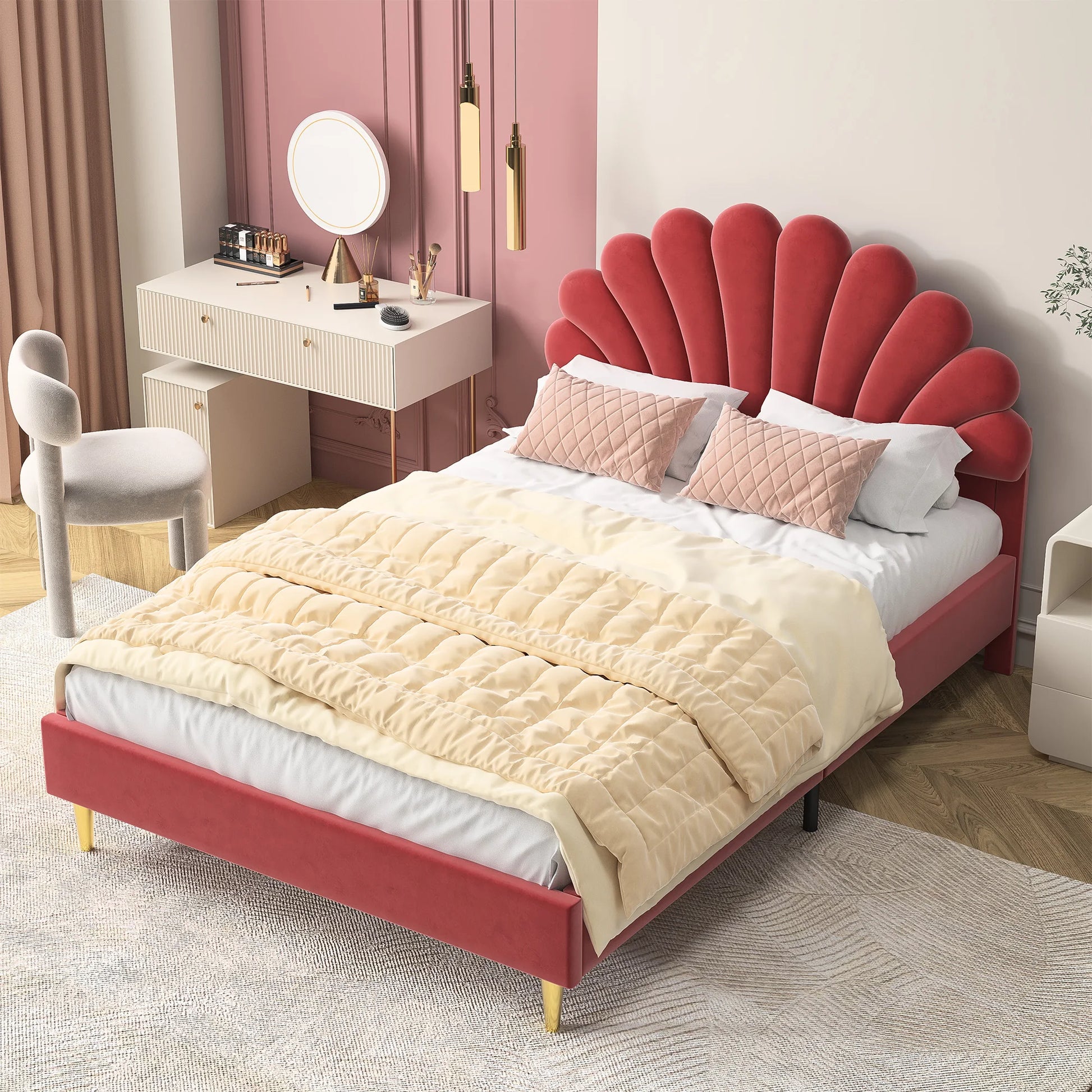 Bedbank – Kinderbed – Slaapbank – Tweepersoonsbed – Gestoffeerd Bed – 140x200 cm – Fluwelen Bekleding – Bloemvormig Hoofdbord - QUORE