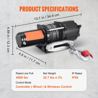Lier - Takel - Kettingtakel - Elektrische - Waterdicht - 12V - 4500lbs - met Nylon Touw en Bedrade/Wireless Afstandsbediening - voor SUV, Trailer en Auto