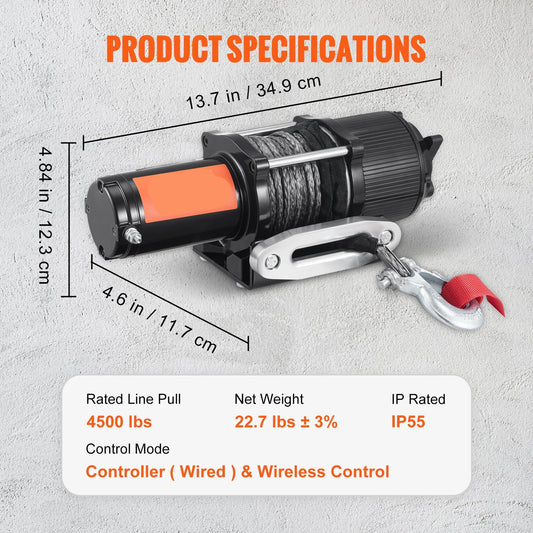 Lier - Takel - Kettingtakel - Elektrische - Waterdicht - 12V - 4500lbs - met Nylon Touw en Bedrade/Wireless Afstandsbediening - voor SUV, Trailer en Auto