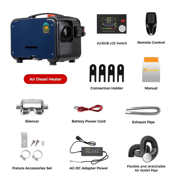 Diesel luchtverwarmer - Luchtverwarmer Parkeerverwarming - Dieselverwarming - Universeel - Dubbele Voeding - Met Afstandsbediening - Bluetooth - 8KW - 12V-24V DC & 110V-240V AC - Marineblauw