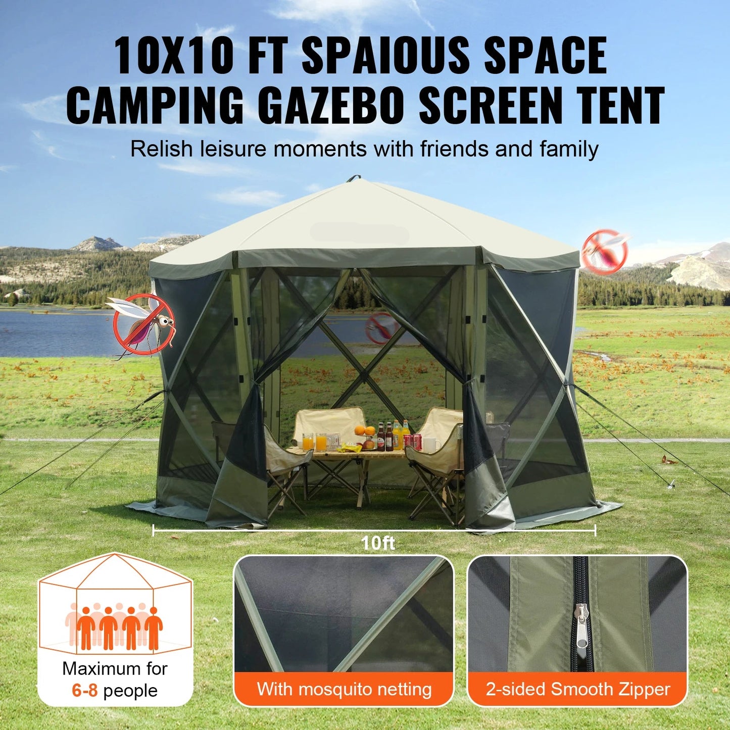 Partytent - Gazebo - Kampeertent - Opvouwbare - Handige Draagtas - Waterdicht en UV50+ Bescherming - met 6 Winddoeken en Mesh Ramen - 10x10ft Groen - QUORE