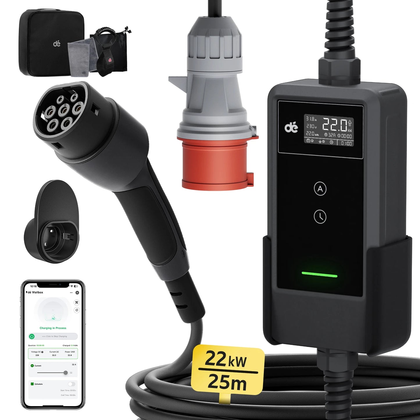 Draagbare Ev-Lader – Elektrische Auto Oplader – Mobiele Laadstation – Snellader – Type 2 Laadkabel – 25M Basice Set – 22 KW 3-Fase – Extra Lange 25 Meter Kabel - QUORE