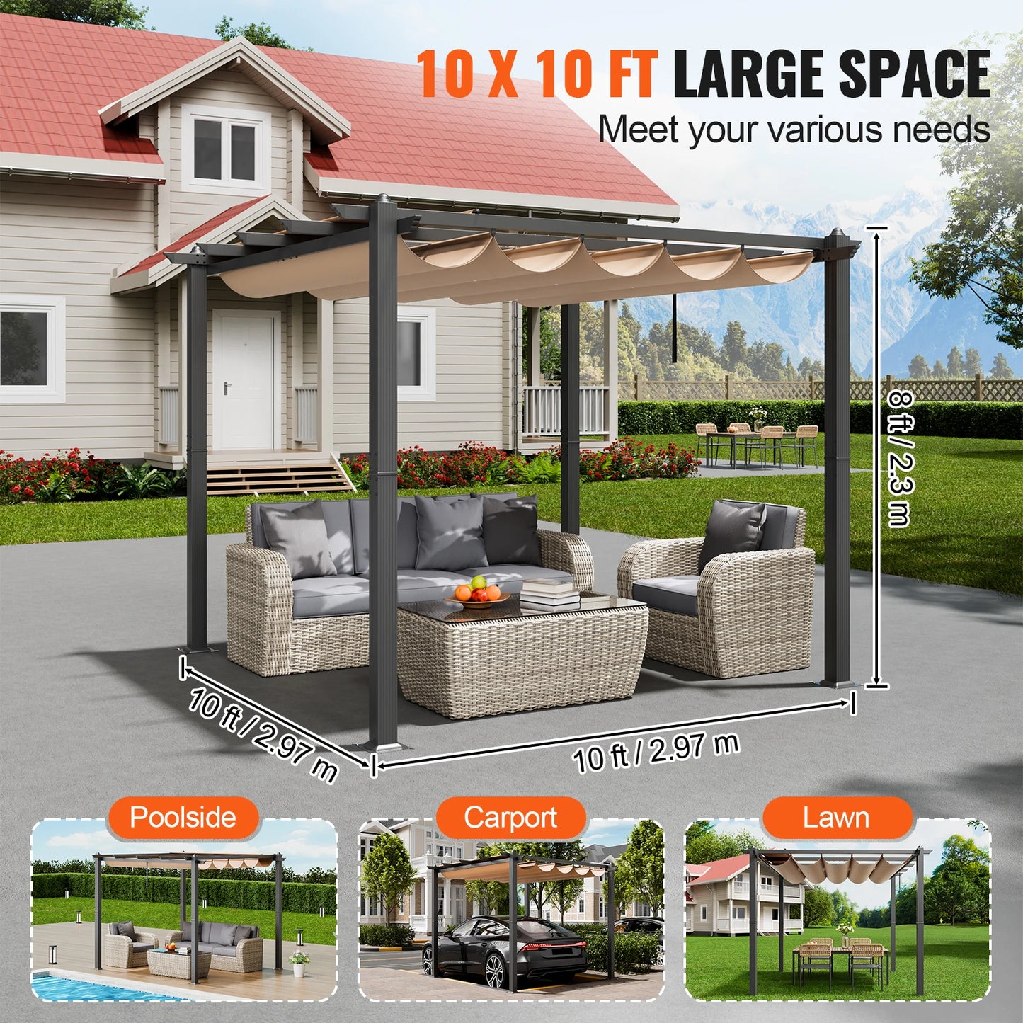 Uitschuifbare Pergola – Buitenoverkapping – Schaduwdoek – Aluminium Frame – UV50+ Bescherming – 3x3 Meter – Eenvoudige Montage - 12x16ft