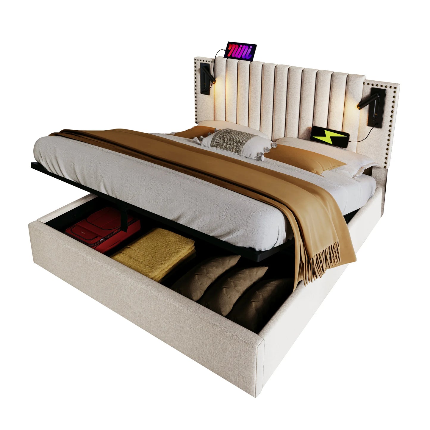 Tweepersoonsbed – Bedframe – Slaapbank – Boxspring – Opbergbed – Beige 160x200 cm – Verstelbare Rugleuning – Ingebouwde USB-C Oplaadpoorten
