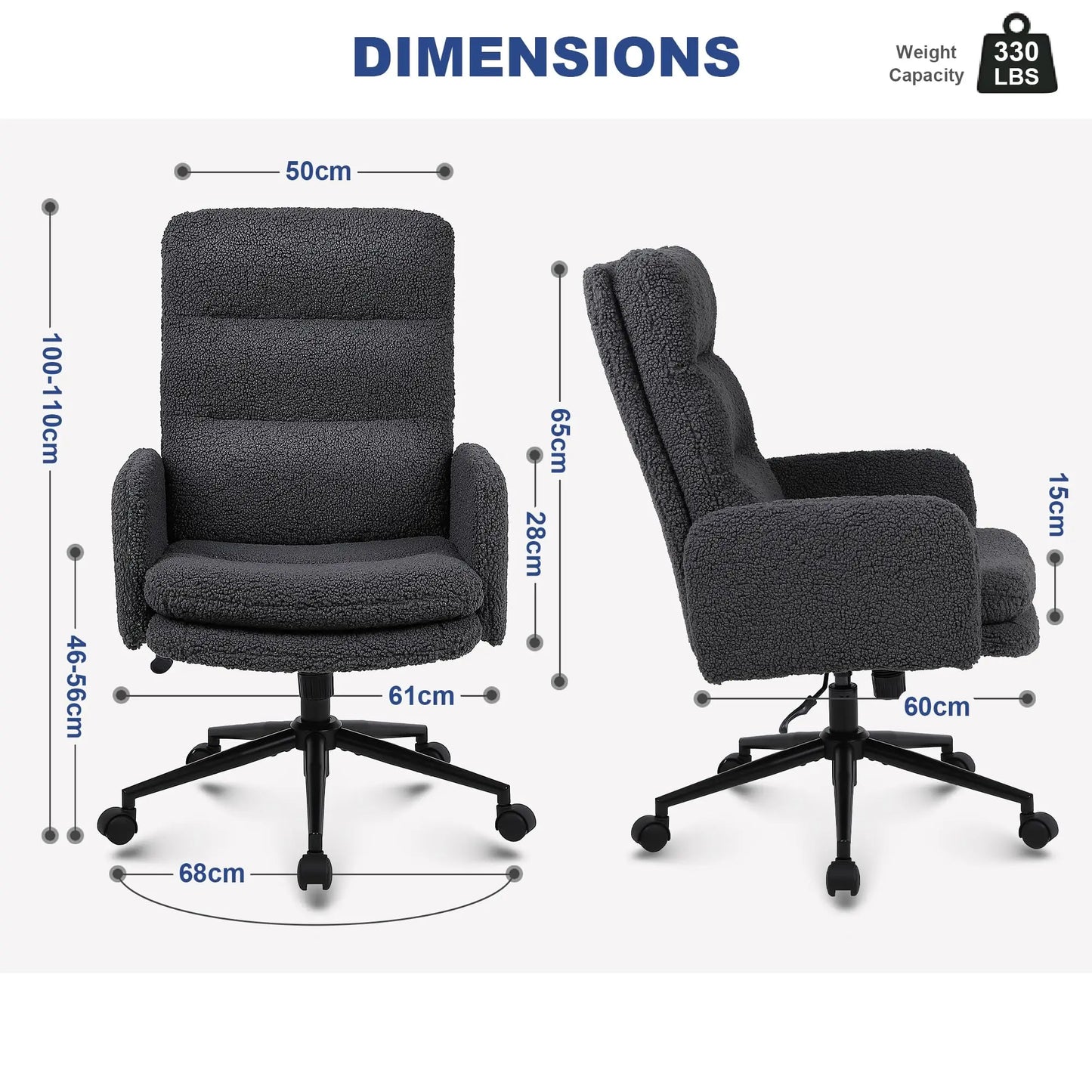 Bureaustoel – Kantoorstoel – Werkstoel – Computestoel – Donkergrijs – Verstelbare Zithoogte – Zachte Kunstmatige Kasjmier Bekleding