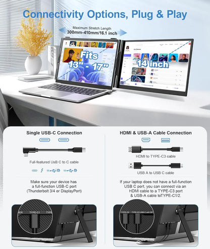 Laptop Scherm – Laptopscherm Extender – Portable Monitor – Extra Beeldscherm – Draagbaar Scherm – 14 Inch 2K QHD Resolutie – 360° Draaiend Swivel Scharnier