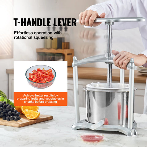 Handmatige Sapcentrifuge - Kitchen Citruspers - Handmatige Fruitpers - 6L - Sinaasappel- en Druivenpers - Roestvrij Staal + Aluminium - Zilver