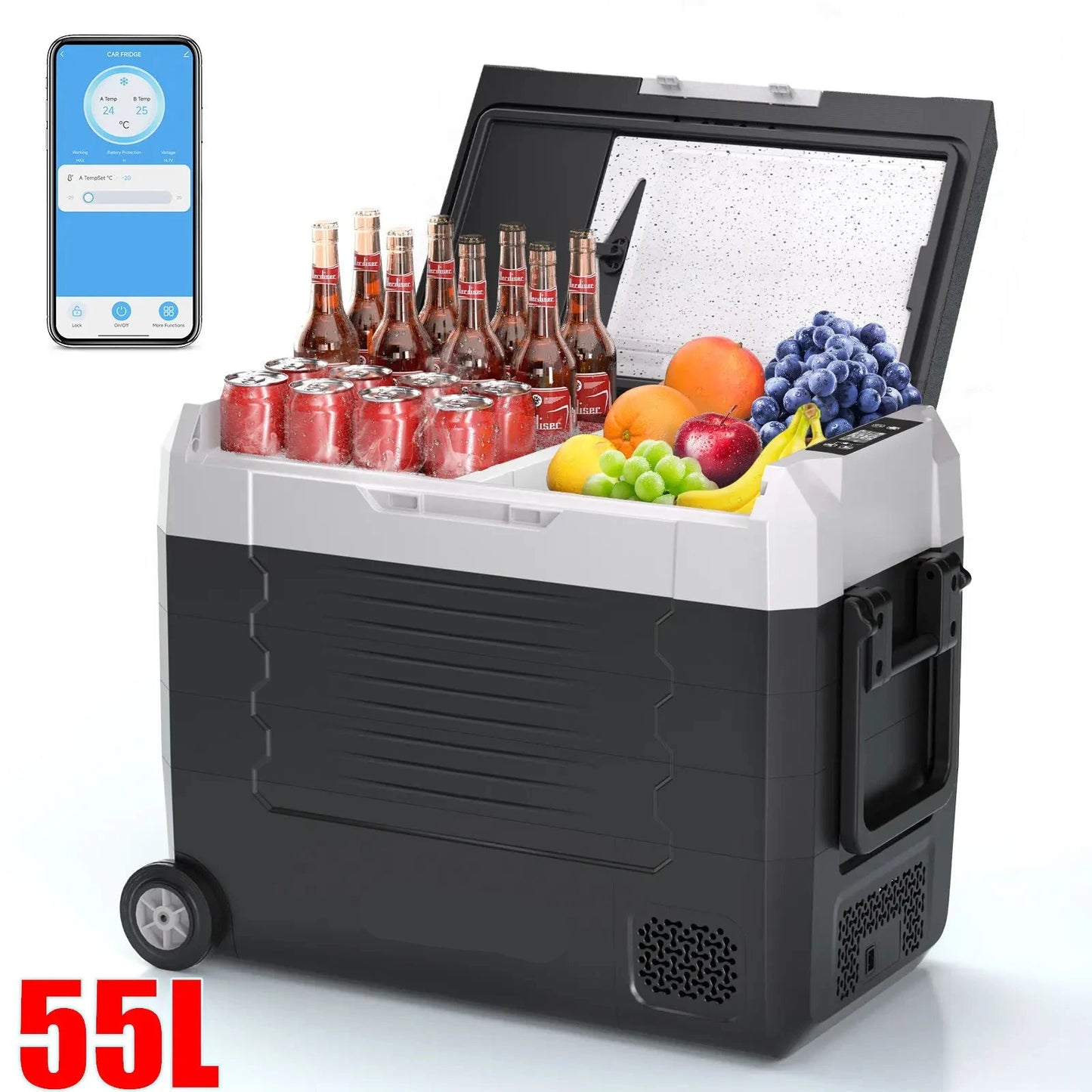 Auto Koelbox - Compressor Koelbox - Auto Koelkast - Compressor Koelkast - Frigobox - Draagbare - 55L- met Bluetooth - Dual Zone - Vriezer & Koeler - -20°C tot 20°C - 12V/24V & 230V - Met Wieltjes - voor Auto - Camper - Outdoor