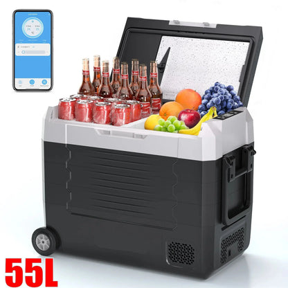 Auto Koelbox - Compressor Koelbox - Auto Koelkast - Compressor Koelkast - Frigobox - Draagbare - 55L- met Bluetooth - Dual Zone - Vriezer & Koeler - -20°C tot 20°C - 12V/24V & 230V - Met Wieltjes - voor Auto - Camper - Outdoor