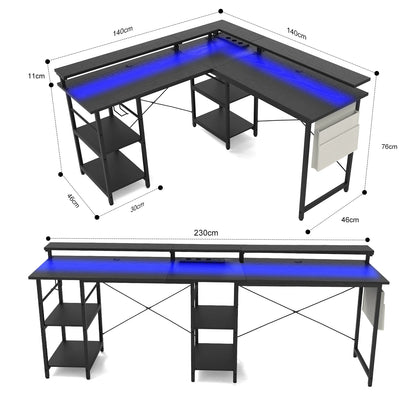 Bureau – Gametafel – Werktafel – Computerbureau – Hoekbureau – Carbon Fiber Patroon – 2-in-1 L-vormig 140/230 cm – Ergonomische Monitortray & Geïntegreerde Power Hub
