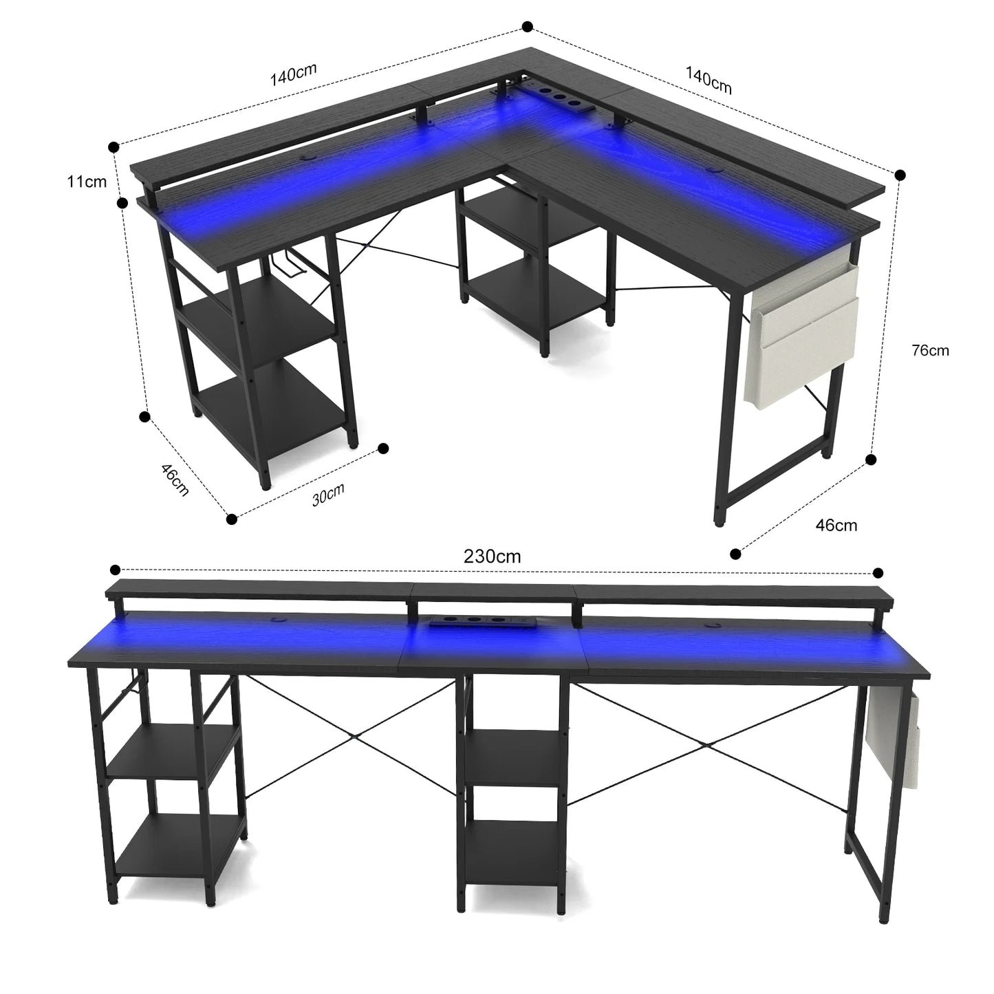 Bureau – Werkplek – Gametafel – Computerbureau – Laptoptafel – Zwart – 2-in-1 L-Vorm 140x140/230cm – Ergonomische Monitorstandaard & Geïntegreerde Stroomhub - QUORE