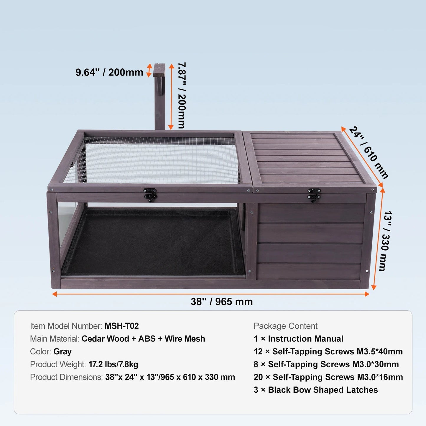Houten - Verblijf - Terrarium Hout - Groot 3-Kamers - 112 x 65 x 61 cm - voor Schildpadden - met Transparant Dak, Geschikt voor Binnen en Buiten - QUORE