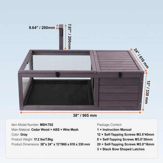 Houten - Verblijf - Terrarium Hout - Groot 3-Kamers - 112 x 65 x 61 cm - voor Schildpadden - met Transparant Dak, Geschikt voor Binnen en Buiten - QUORE
