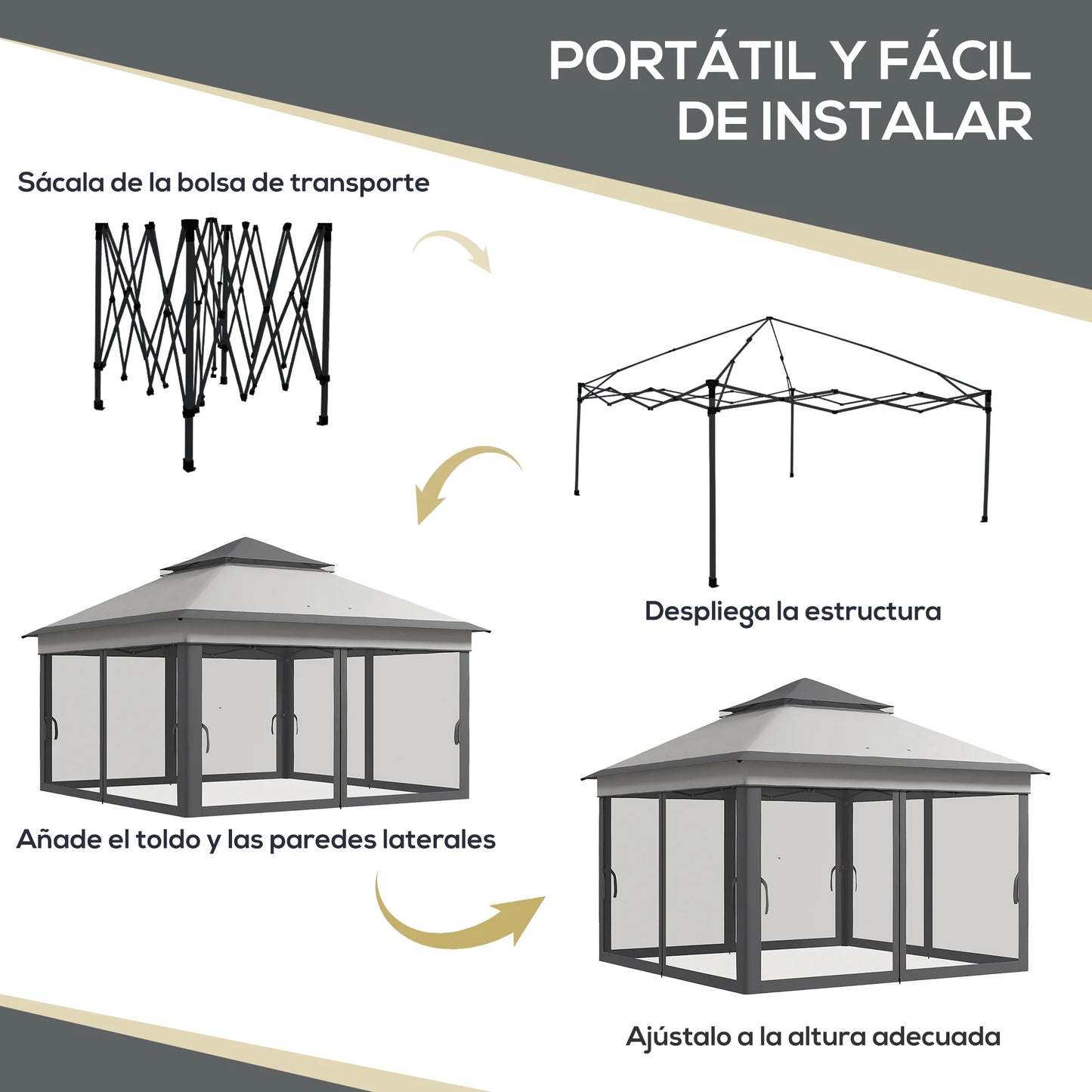 Paviljoen - Tuinpaviljoen - Partytent - Tuintent - Pop-up Kliksysteem - Stabiel - Vouwtent - met Mesh Cover - Draagtas - Opvouwbaar - Waterdicht - Winterbestendig - 50+UV-Bescherming - voor Tuin - Buiten - Achtertuin - 326 x 326 x 272 cm - Grijs - QUORE