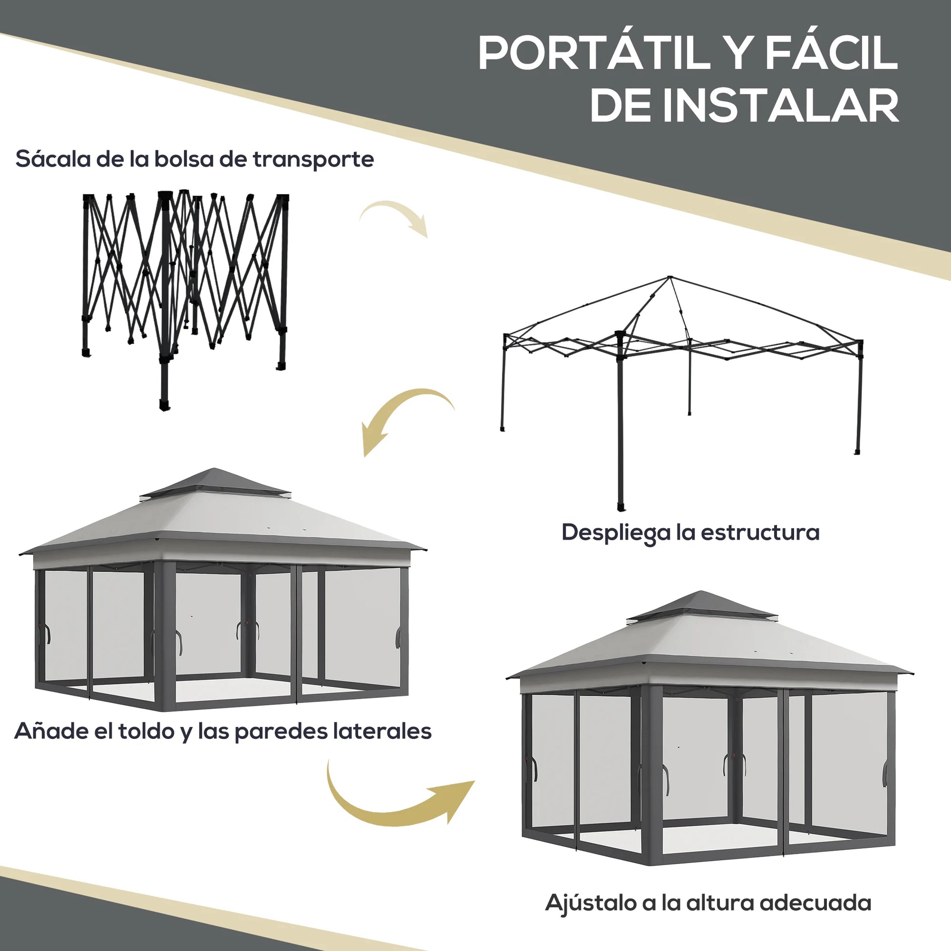 Paviljoen - Tuinpaviljoen - Partytent - Tuintent - Pop-up Kliksysteem - Stabiel - Vouwtent - met Mesh Cover - Draagtas - Opvouwbaar - Waterdicht - Winterbestendig - 50+UV-Bescherming - voor Tuin - Buiten - Achtertuin - 326 x 326 x 272 cm - Grijs - QUORE