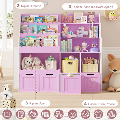 Kinderboekenplank – Speelgoedkast – Opbergmeubel – Boekenkast – Kinderkamermobiel – Wit – Met 4 Lades op Wieltjes – Hoogwaardig Hout – Afmetingen 125,5x40x120 cm