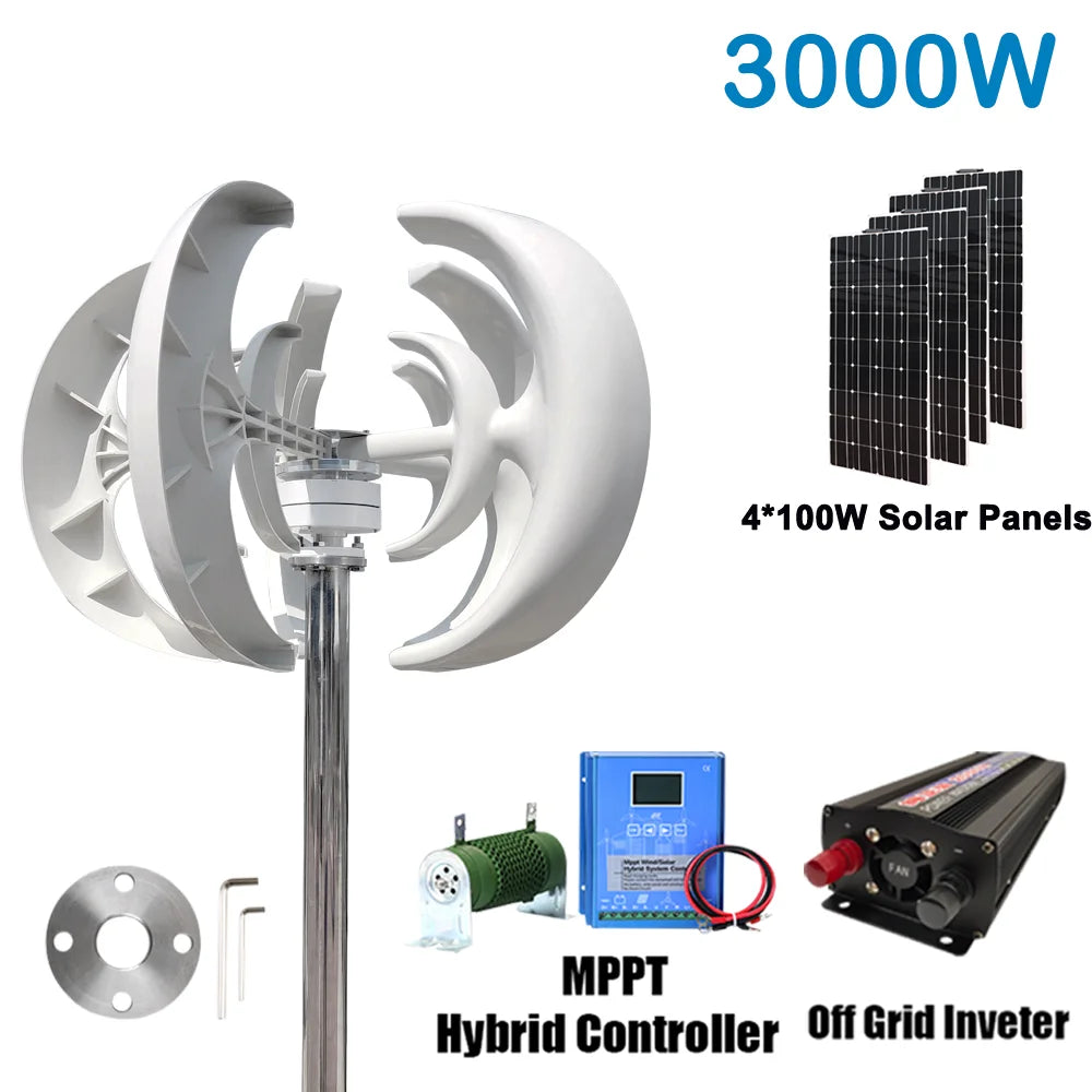 3000W Windturbine – Verticale As Generator – Windmolenset – Off-Grid Energie Systeem – 48V Variant – Met 100W Zonnepanelen – 2560Wh LiFePO4 Accu – Pure Sinusgolf Omvormer 220V - QUORE