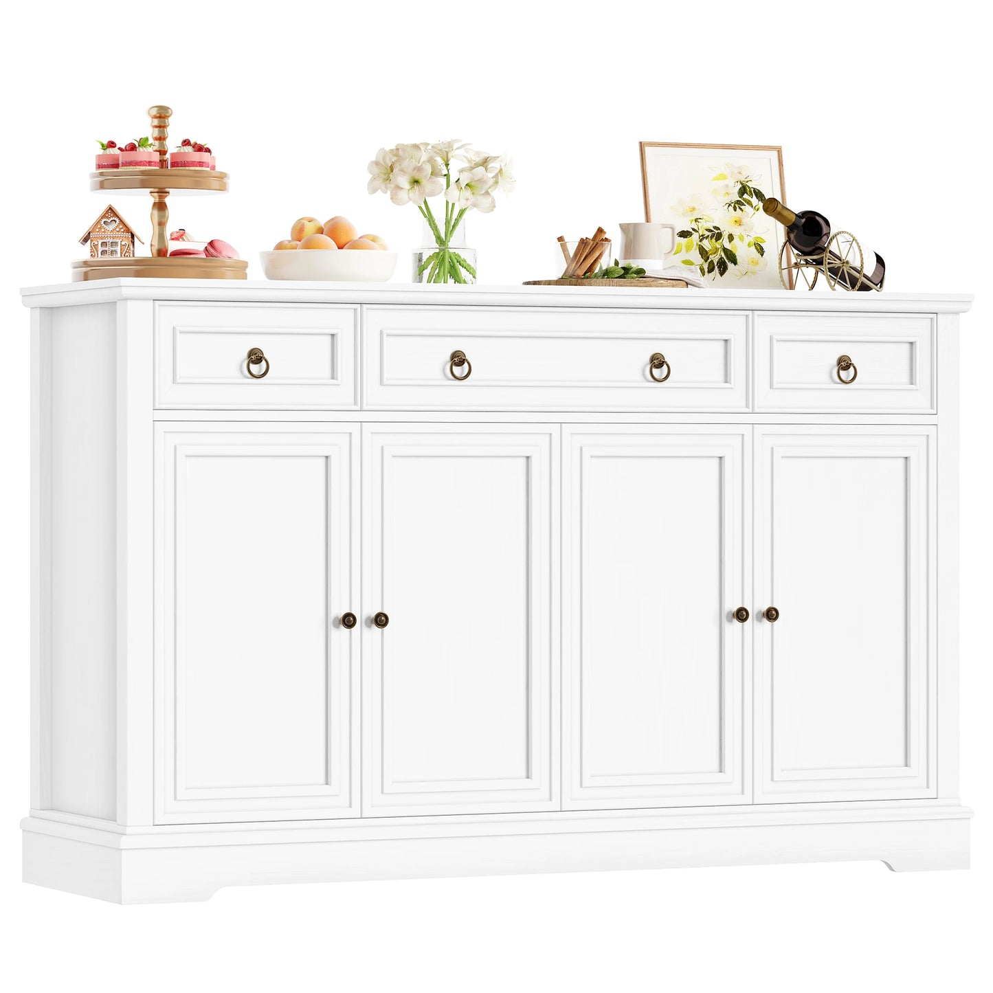 Dressoir – Opbergkast – Buffetkast – Ladekast – Woonkamerkast – Wit – 134x40x87 cm – Retro Design – 3 Lades en 4 Deuren - QUORE