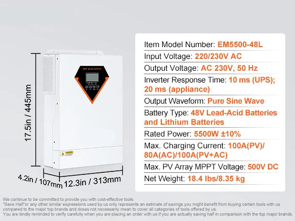 Omvormer - Inverter voor Zonnepanelen - Hybride Zonne-omvormer - 5500W - Pure Sine Wave Off-Grid Inverter met Acculader - 230V AC - Ondersteunt Zonnepaneel & Netstroom Opladen - Voor Zelfvoorzienende Energie