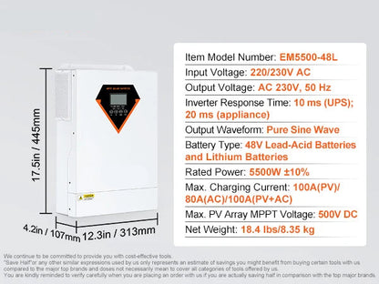 Omvormer - Inverter voor Zonnepanelen - Hybride Zonne-omvormer - 5500W - Pure Sine Wave Off-Grid Inverter met Acculader - 230V AC - Ondersteunt Zonnepaneel & Netstroom Opladen - Voor Zelfvoorzienende Energie