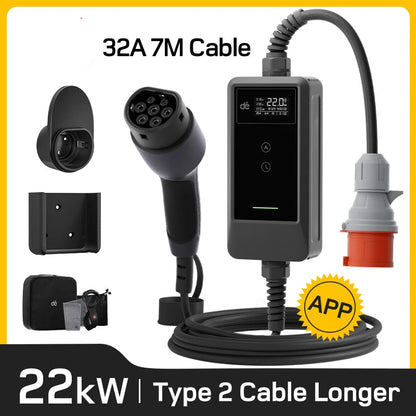22KW EV Charger – Elektrische Autolader – Laadstation – Thuislader – Wall Mounted Ver. 7M Type 2 – 3-Fase 32A – Wifi App Besturing – 7 Meter Kabel