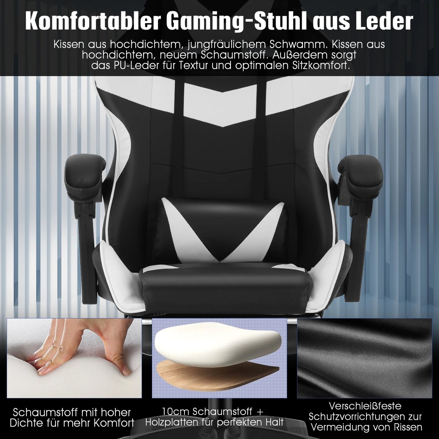 Gaming Stoel - Massage Gaming Stoel - Bureaustoel - Swivel Stoel - met Voetsteun - Hoofdsteun - Verstelbare - Rugleuning - 6-puntsmassage - Ergonomische - Draaibare - 59 x 68 - 115-125 - Zwart & Wit