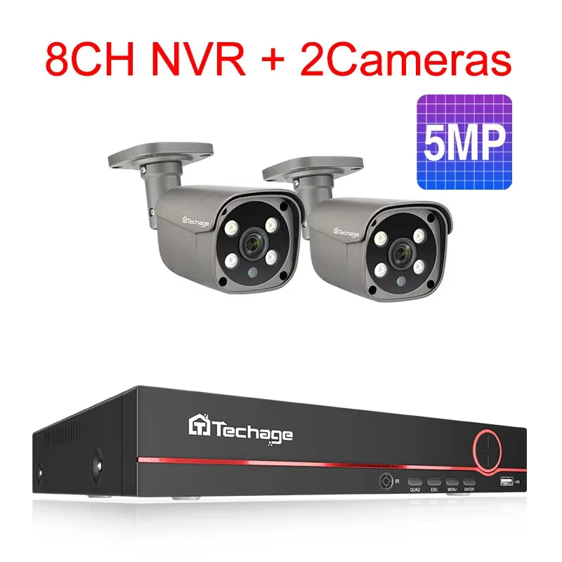 Techage 8CH 5MP 8MP POE Security Surveillance System 4K HD POE IP Kit Two Way Audio Face Detect Metal Bullet H.265 Outdoor Video