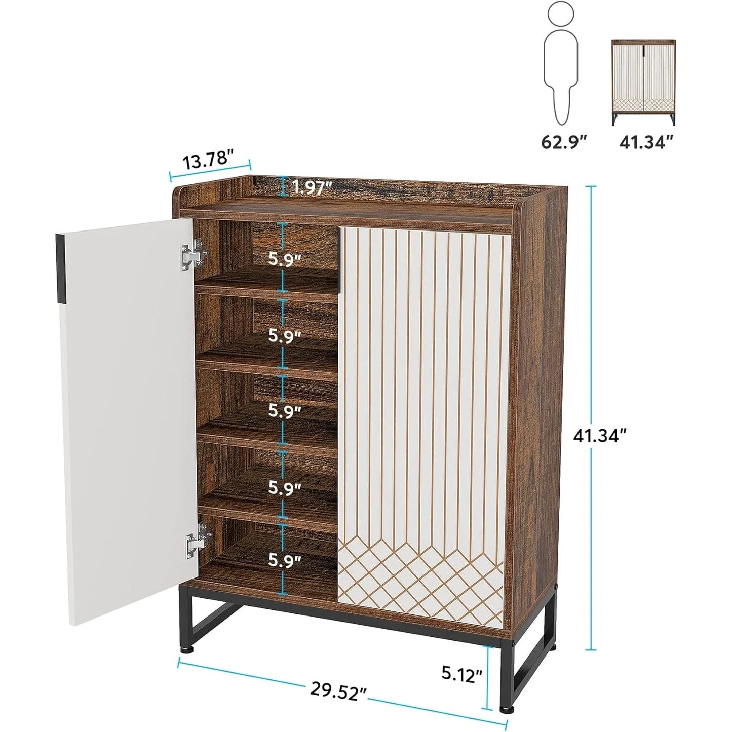 Schoenenkast – Schoenenopslag – Schoenenrek – Schoenenmeubel – Organizer – Vijf Ruime Compartimenten – MDF Metalen Accenten - 75 x 35 x 105 cm - Bruin