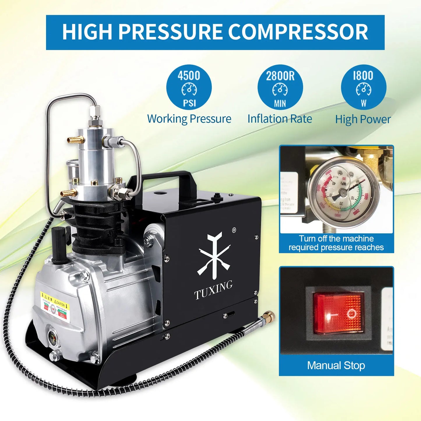 TUXING 4500Psi High Pressure PCP Air Compressor Electric Built-in Fan Compressor with Explosion-proof for Diving Scuba Airgun