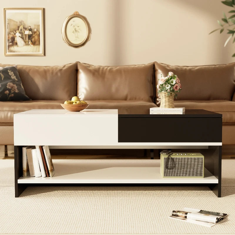 Salontafel – Koffietafel – Tafel – Woonkamertafel – Opbergtafel – Zwart-Wit Design – 2 Lades – Hoogglans Blad – 100 cm Lang