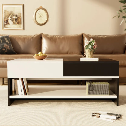 Salontafel – Koffietafel – Tafel – Woonkamertafel – Opbergtafel – Zwart-Wit Design – 2 Lades – Hoogglans Blad – 100 cm Lang