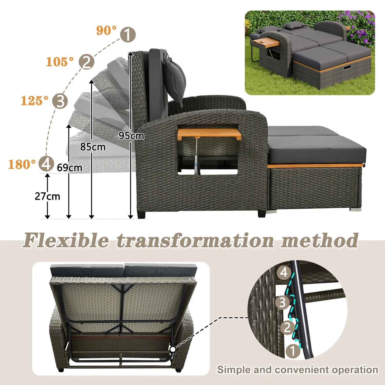 Tuinset – Buitenmeubel – Loungeset – Relaxstoel – Verstelbare Rugleuning – Weerbestendig Rattan – Opbergruimte Voetensteun - QUORE