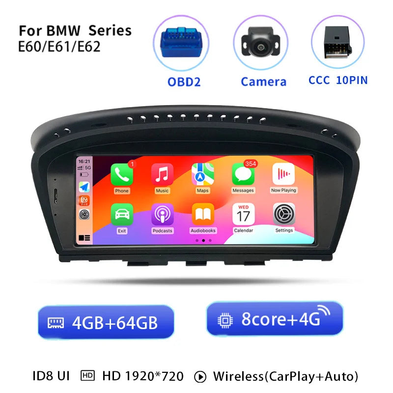 Draadloze CarPlay Multimediaspeler – Android 14 Autoradio – Navigatiesysteem – Dashboard Scherm – BMW 3/5 Serie E60-E91 – 8,8 Inch Touchscreen – 64GB ROM CCCOBDCam