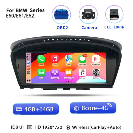 Draadloze CarPlay Multimediaspeler – Android 14 Autoradio – Navigatiesysteem – Dashboard Scherm – BMW 3/5 Serie E60-E91 – 8,8 Inch Touchscreen – 64GB ROM CCCOBDCam