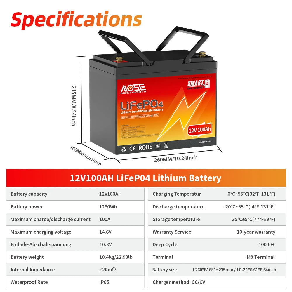 12V LiFePO4 Accu – Lithium Batterij – Deep Cycle Accu – Solar Accu – Bootaccu – 100Ah Bluetooth – Ingebouwde BMS – Lange Levensduur