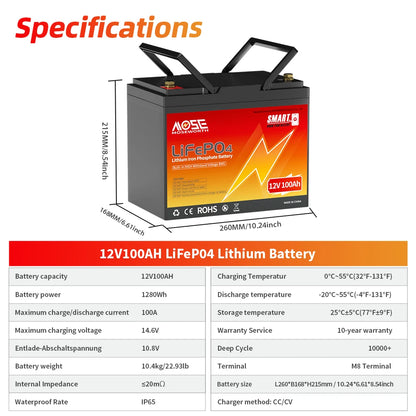 12V LiFePO4 Accu – Lithium Batterij – Deep Cycle Accu – Solar Accu – Bootaccu – 100Ah Bluetooth – Ingebouwde BMS – Lange Levensduur