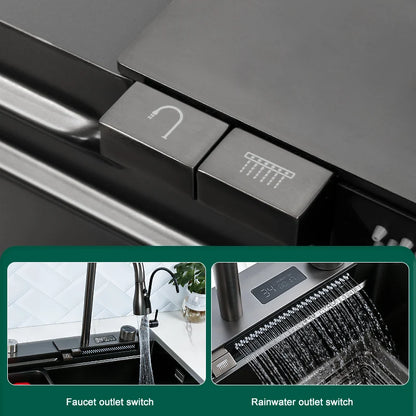 Stainless Steel Kitchen Sink Digital Display Large Single Slothotel Multifunction Wash Basin With Waterfall Faucet   Apartment