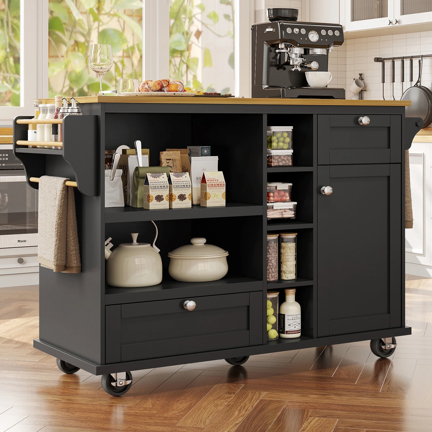 Serveertrolley – Keukentrolley – Serveerwagen – Mobiele Trolley – Opbergtrolley – Zwart MDF Frame – Lichtbruin Houten Werkblad – 2 Laden – 4 Wieltjes Met Remmen
