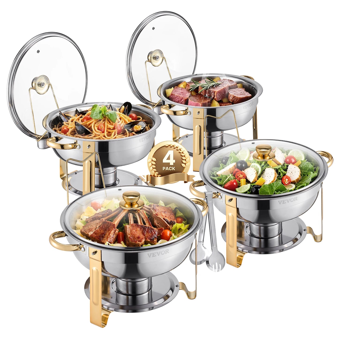 Chafing Dish - Warmhoudplaat - Buffetwarmer Set - Rechaud - Buffet Warmhoudpannen - met Glazen Deksel - voor Feesten & Banketten - Set van 4 - Goud - QUORE